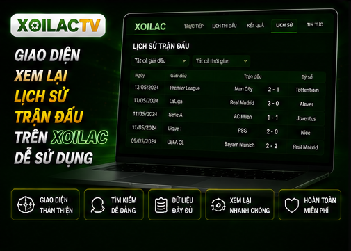 Giao diện xem lại lịch sử trận đấu trên Xoilac dễ sử dụng
